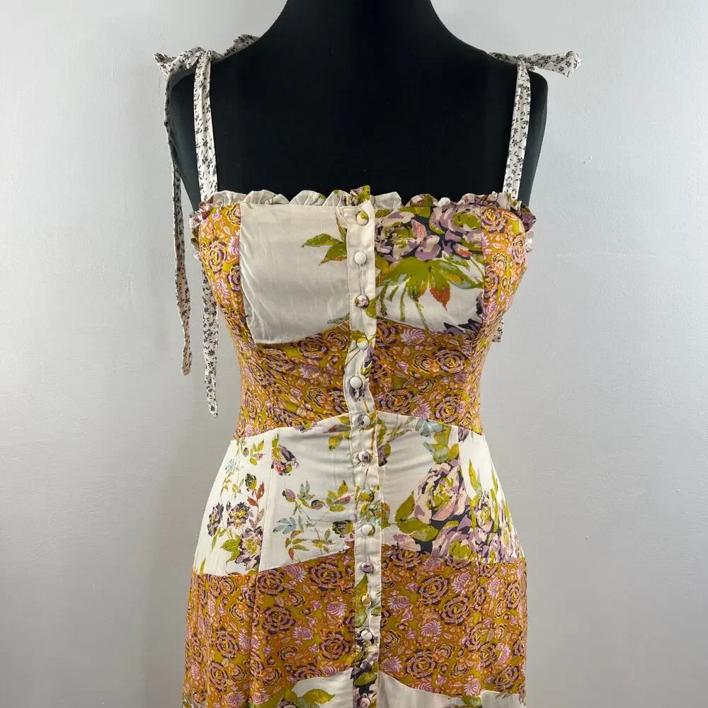 FREE PEOPLE Light Combo Lover Boy Tie Strap Button Up Maxi Dress OB902389 Boho 0 - Picture 2 of 10